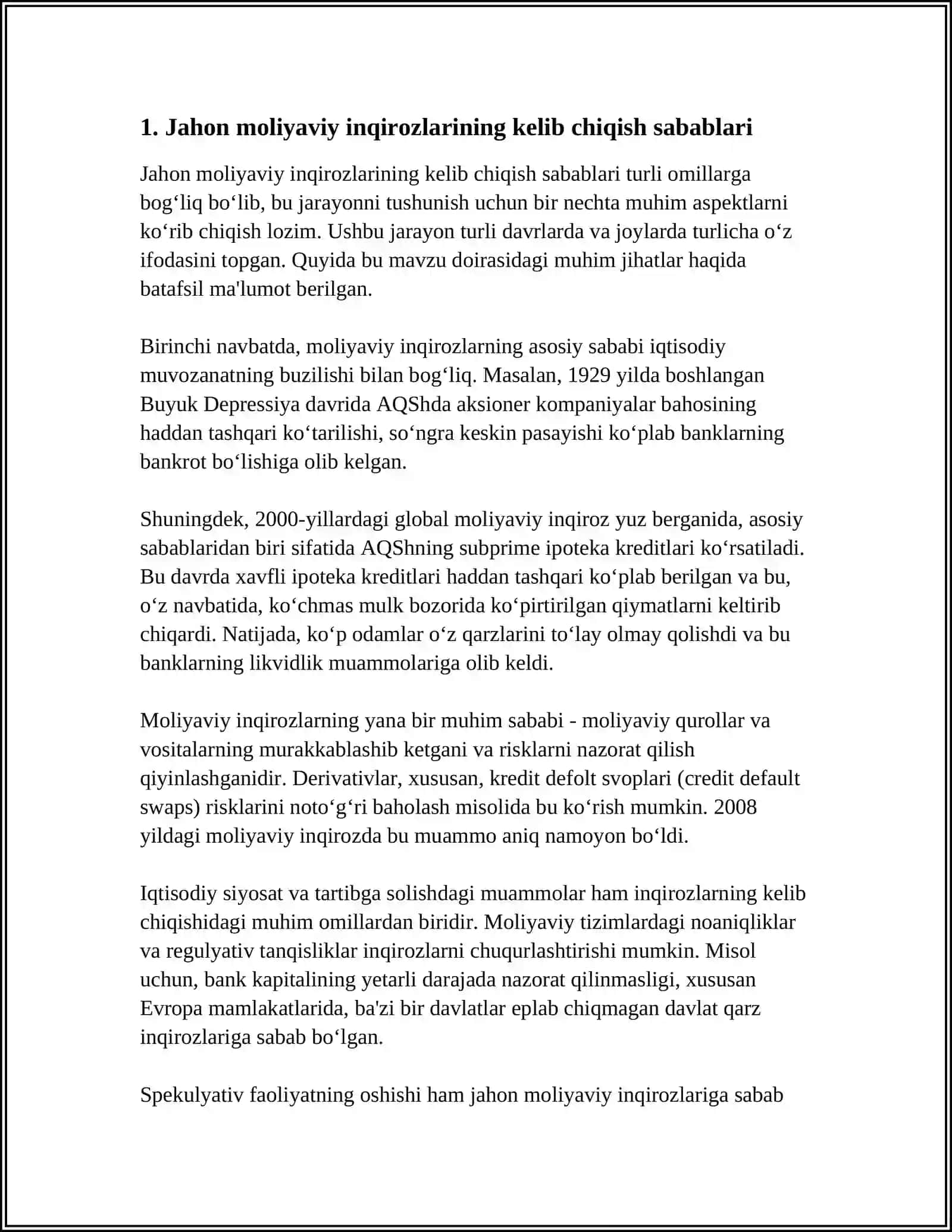 JAHON MOLIYAVIY INQIROZLARI:SABABLARI VA OQIBATLARI 3