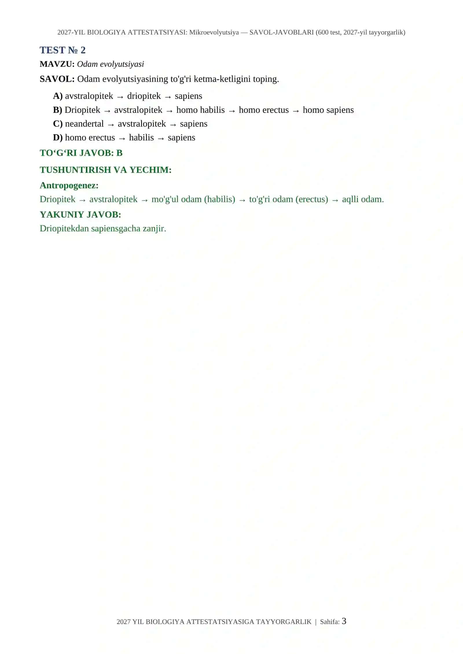 2027-YIL BIOLOGIYA ATTESTATSIYASI: Mikroevolyutsiya — SAVOL-JAVOBLARI (600 test, 2027-yil tayyorgarlik) 3