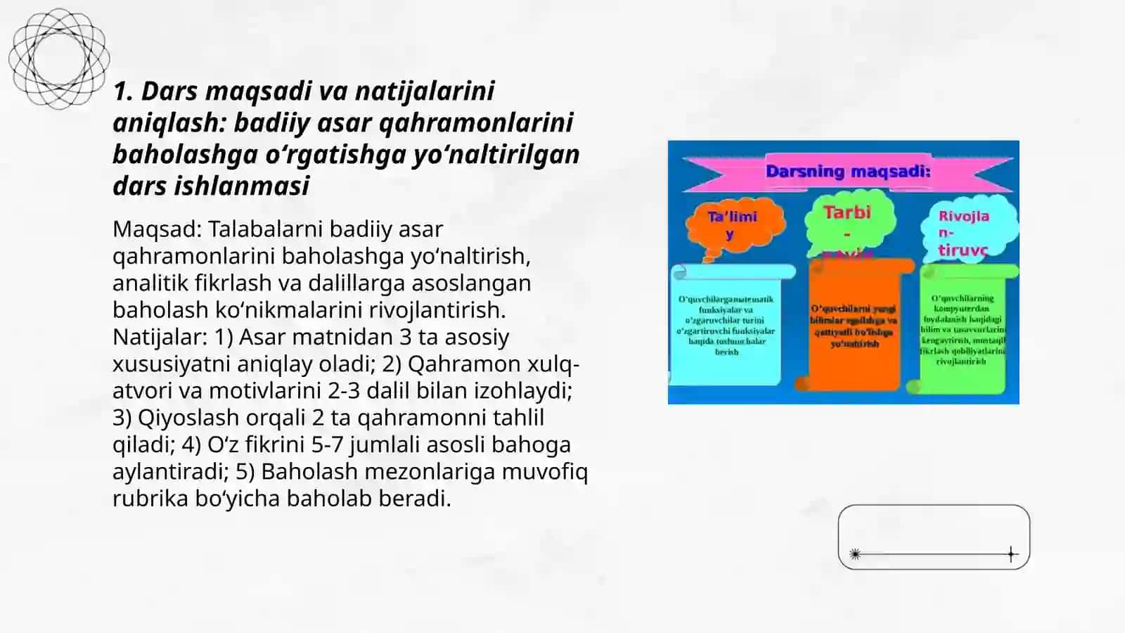 Badiiy asar qahramonlarini baholashga oʻrgatishga yoʻnaltirilgan dars ishlanmasi 3