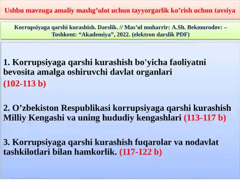Korrupsiyaga qarshi kurashish bo’yicha faoliyatni amalga oshiruchvi va unda ishtirok etuvchi organlar 3