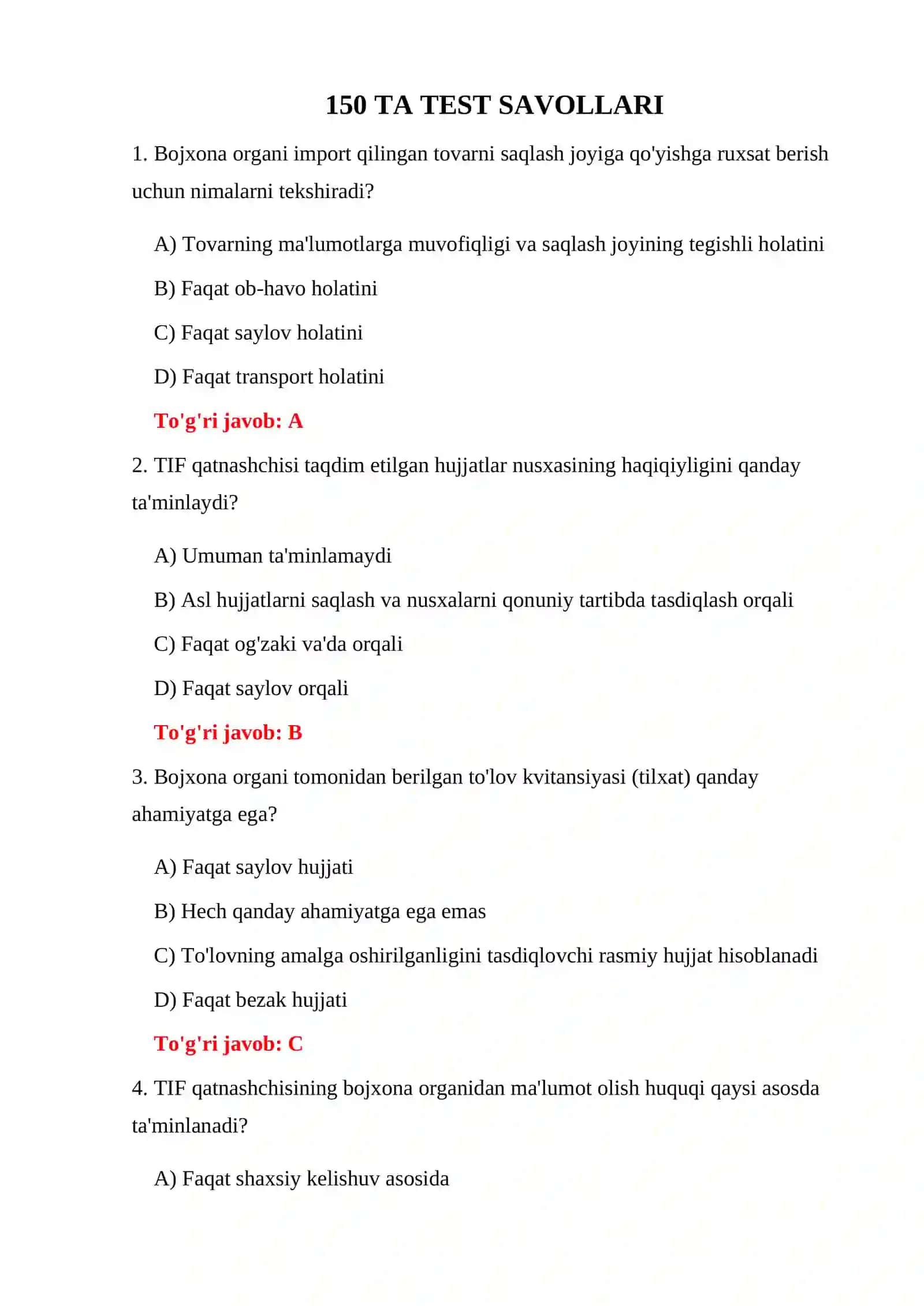 TIF BO'YICHA BOJXONA TESTLARI 3