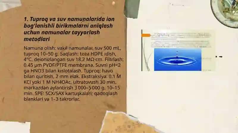 Tuproq va suv namunalarida ion bog'lanishli birikmalarni aniqlash uchun namunalar tayyorlash metodlari 3