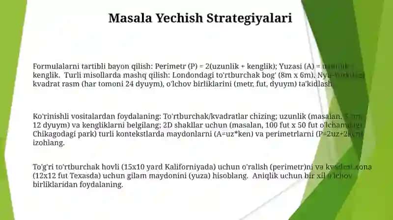 Tògri to‘rtburchak va kvadratning perimetri va yuzaga doir masalalar yechishga òrgatish 3