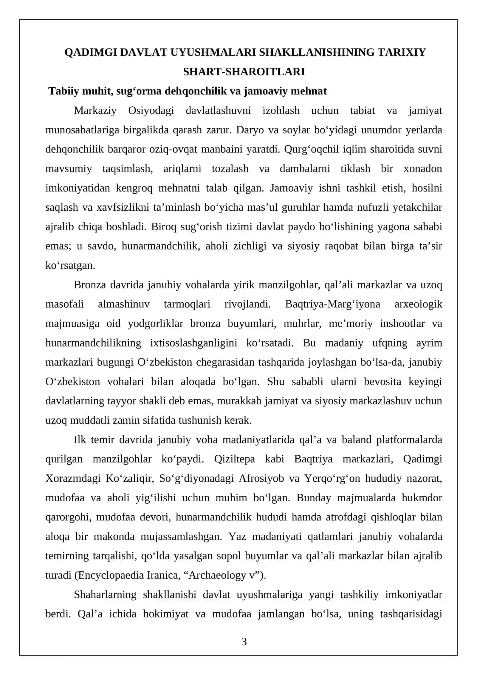 O'zbekiston hududida eng qadimgi davlat uyushmalarining shakllanishi va ularning boshqaruv tizimi 3