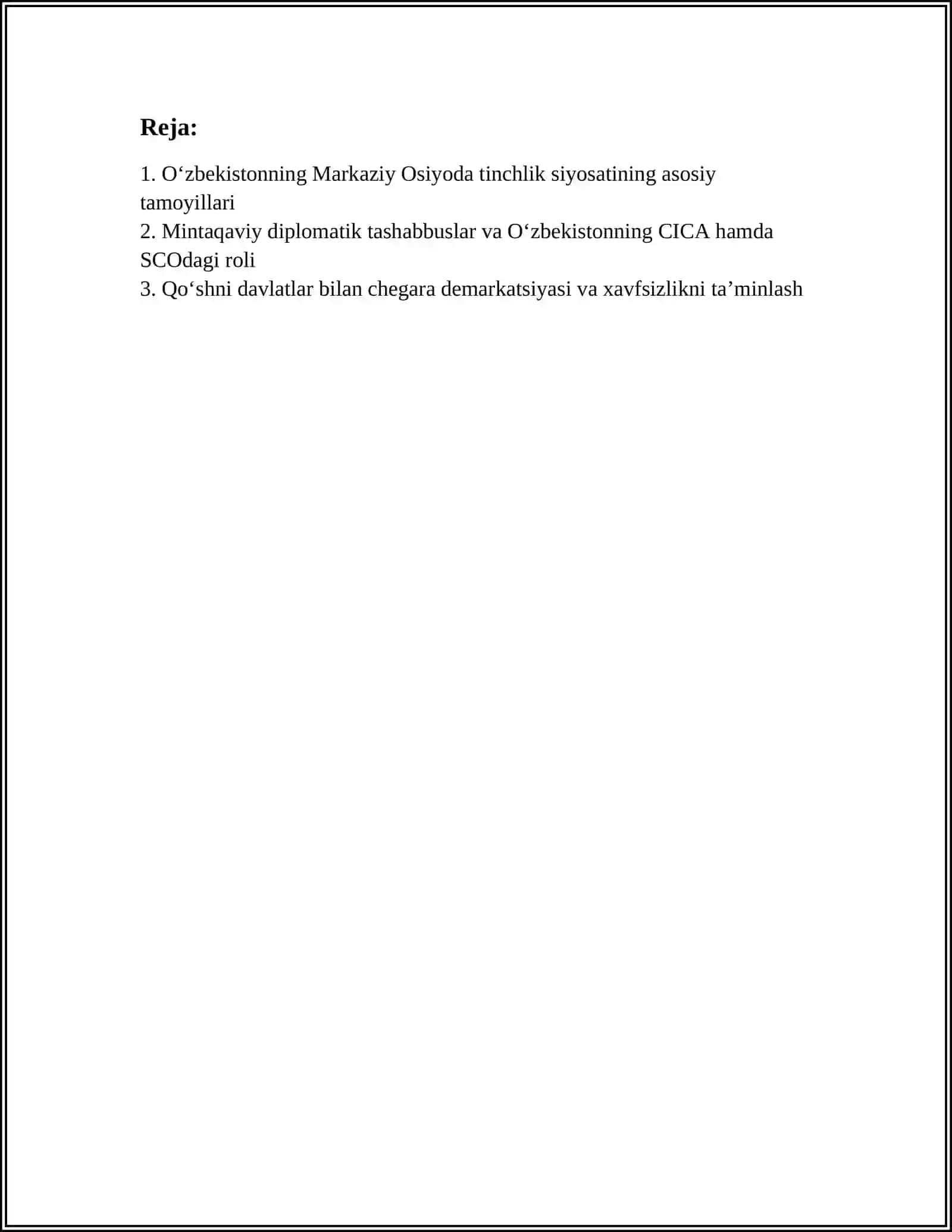 O'ZBEKISTONNING MARKAZIY OSIYODA TINCHLIK VA BARQARORLIKNI TA’MINLASHDAGI O’RNI 3