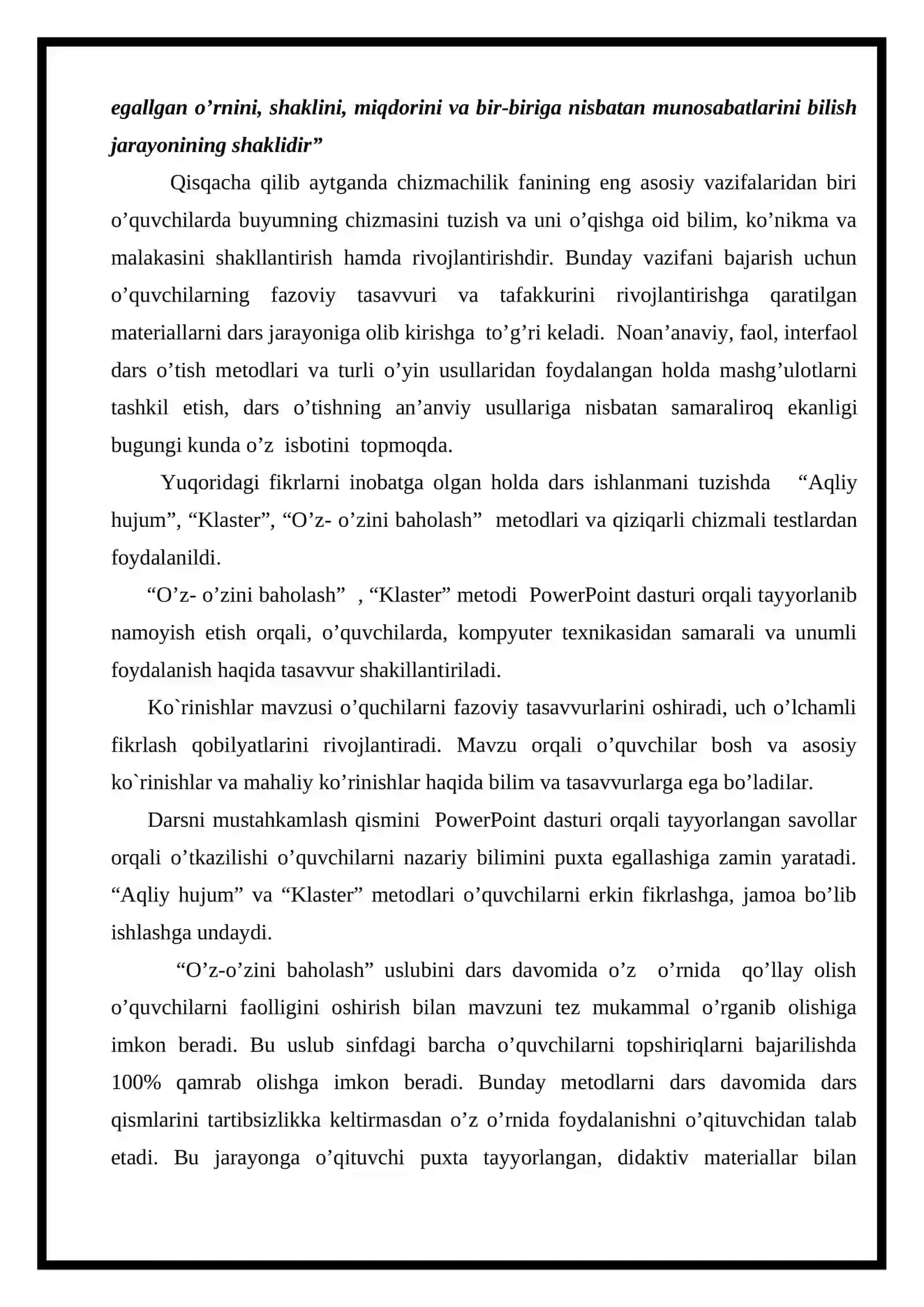 “KO’RINISHLAR. ASOSIY, BOSH VA MAHALLIY KO’RINISH” MAVZUSIDA O’Z-O’ZINI BAHOLASH METODINI QO’LLASH ORQALI O’QUVCHILARNI FAZOVIY TASSAVIRINI OSHIRISH 3