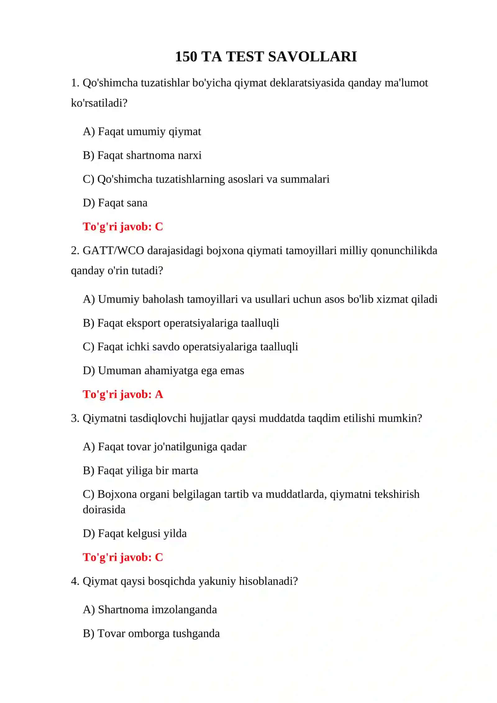 BOJXONA QIYMATI TESTLARI 3