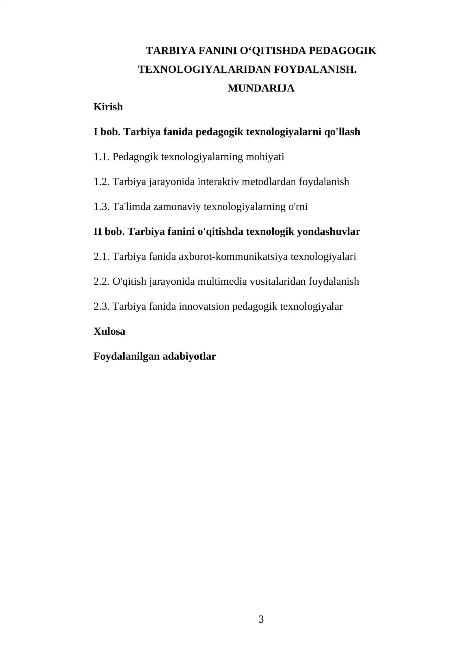 Tarbiya fanini o‘qitishda pedagogik texnologiyalaridan foydalanish KURS ISHI 3