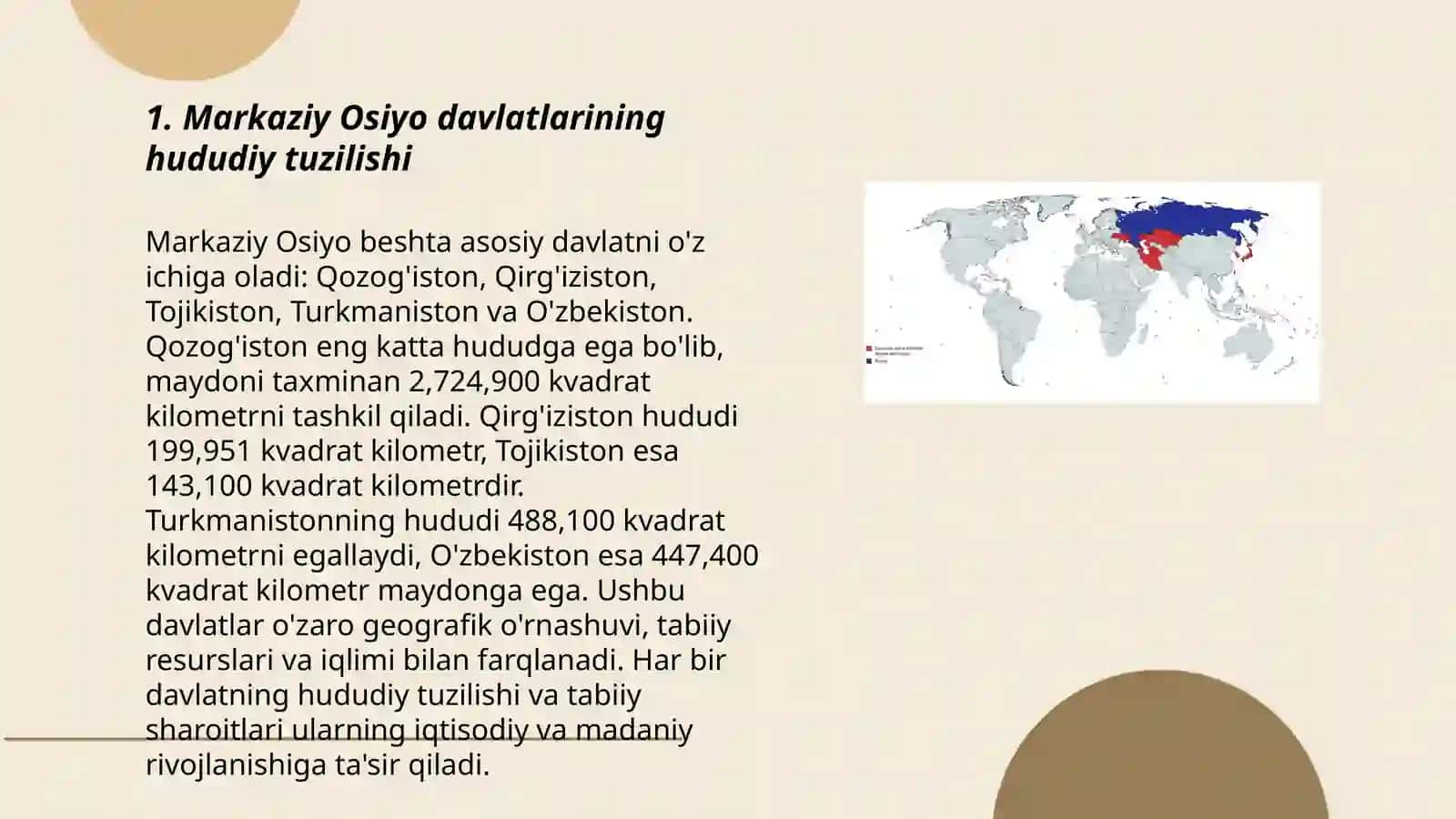 Markaziy Osiyo davlatlari hududiy boʻlinishi va iqtisodiy sohalarini solishtiring 3