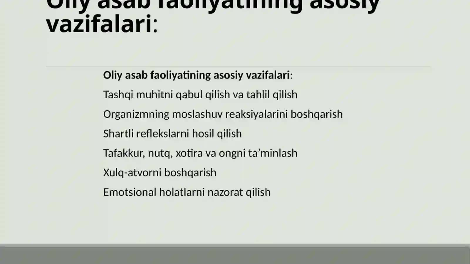 Asabtizimi oliy bo‘limlarining vazifalari. Shartli reflekslar. Oliyasab faol tug‘ma plari. Organizm gisignali tizimlari. Bosh miya katta yarim sharlarining funksional assimetriyasi 3