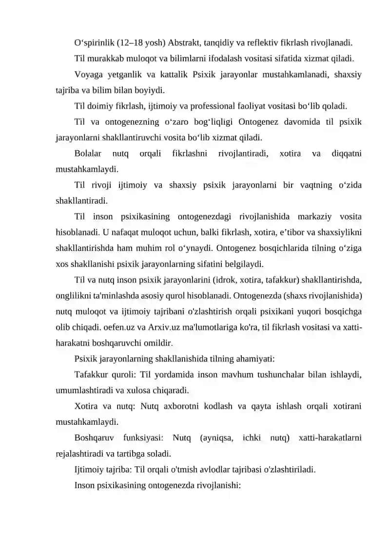 PSIXIK JARAYONLARNI SHAKLLANISHIDA TILNING AHAMIYATI. INSON PSIXIKASINI ONTOGENEZDA RIVOJLANISHI. 3