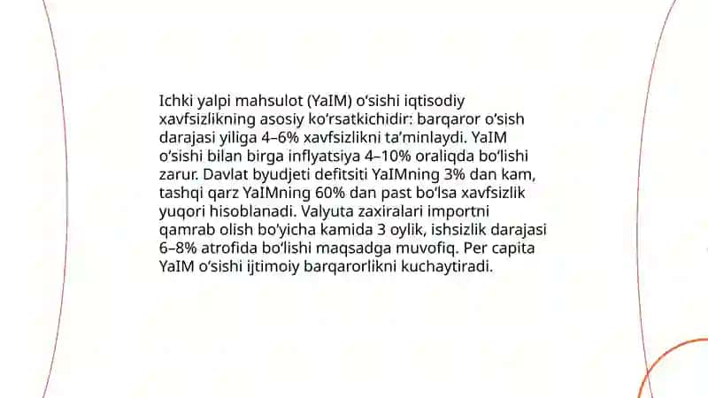 Ichki yalpi mahsulot (YaIM) oʻsishi va iqtisodiy xavfsizlik koʻrsatkichlari 3