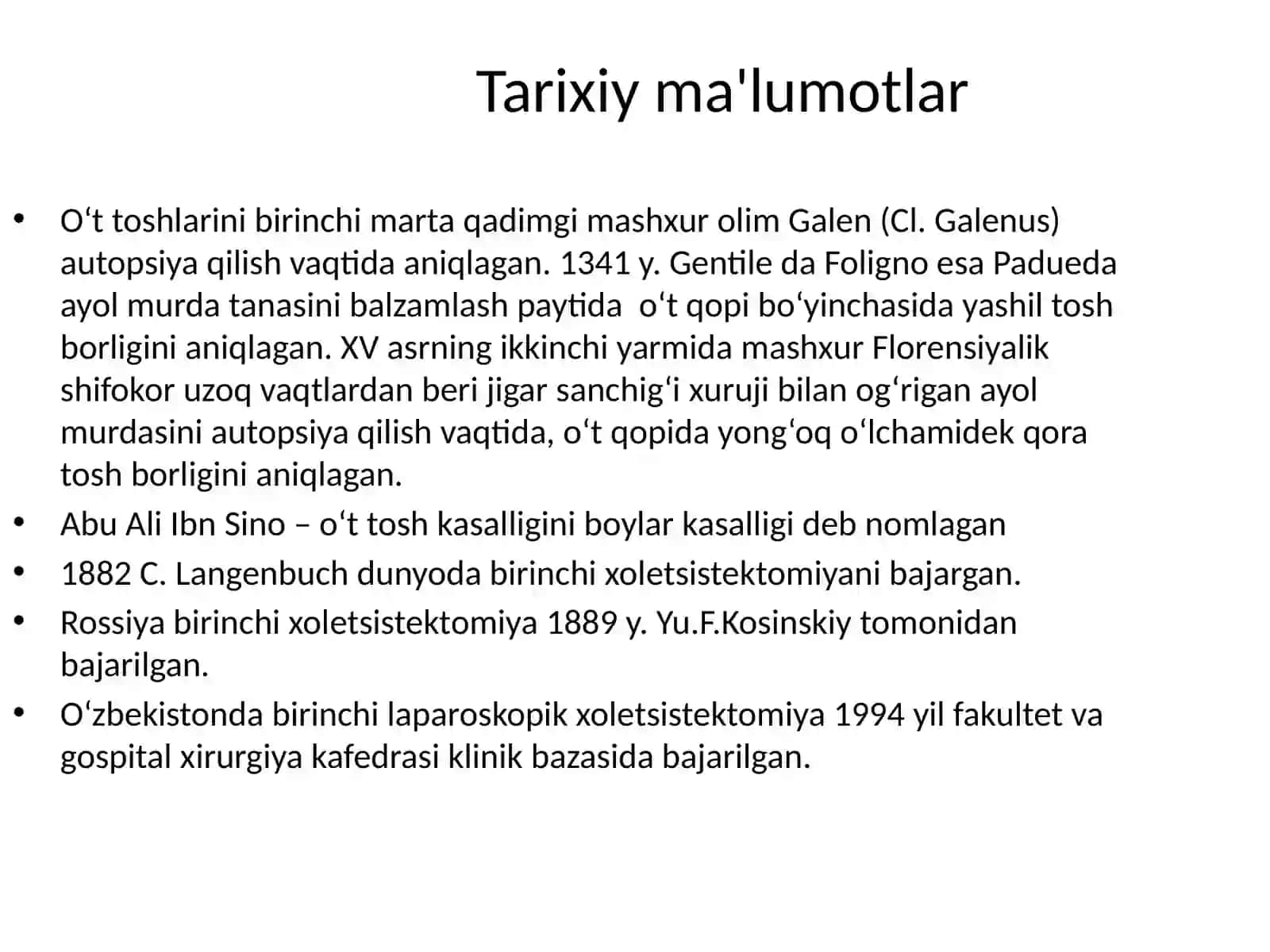 Surunkali xoletsistit. Klinikasi, diagnostikasi, davolash usullari. Talaba o‘t tosh kasalligi (UTK) haqida tushunchani, xoletsistolitiazni va uni asoratlarining tasnifi 3