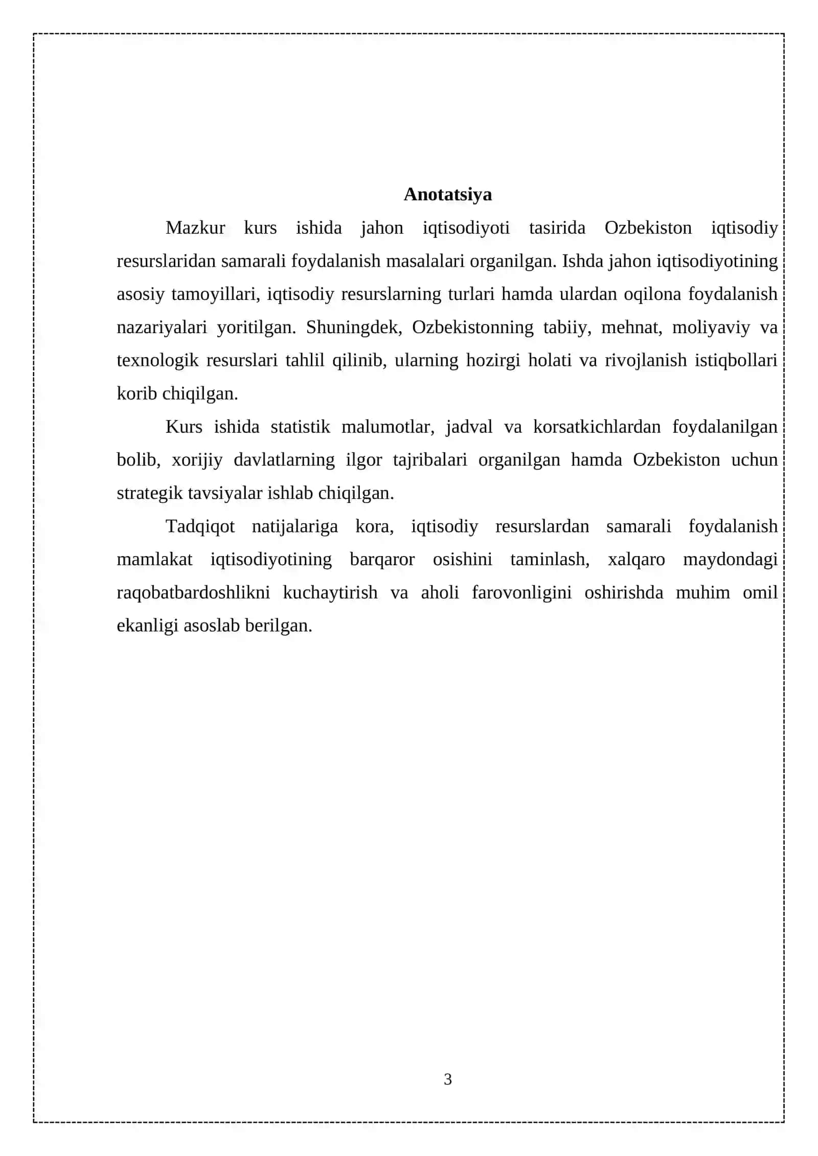 "INNOVATSION IQTISODIYOT" fanidan  "Jahon iqtisodiyoti ta’sirida O‘zbekistonning iqtisodiy resurslaridan samarali foydalanish   muammolari" mavzusida  KURS ISHI 3