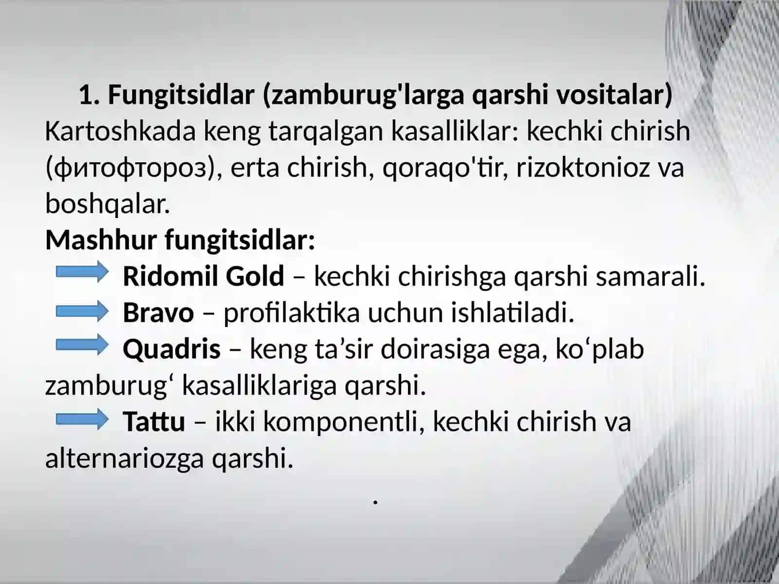 KARTOSHKANI ZARAKUNANDA VA KASALLIKLARDAN HIMOYA QILISHDA QO'LLANILADIGAN KIMYOVIY VOSITALAR 3