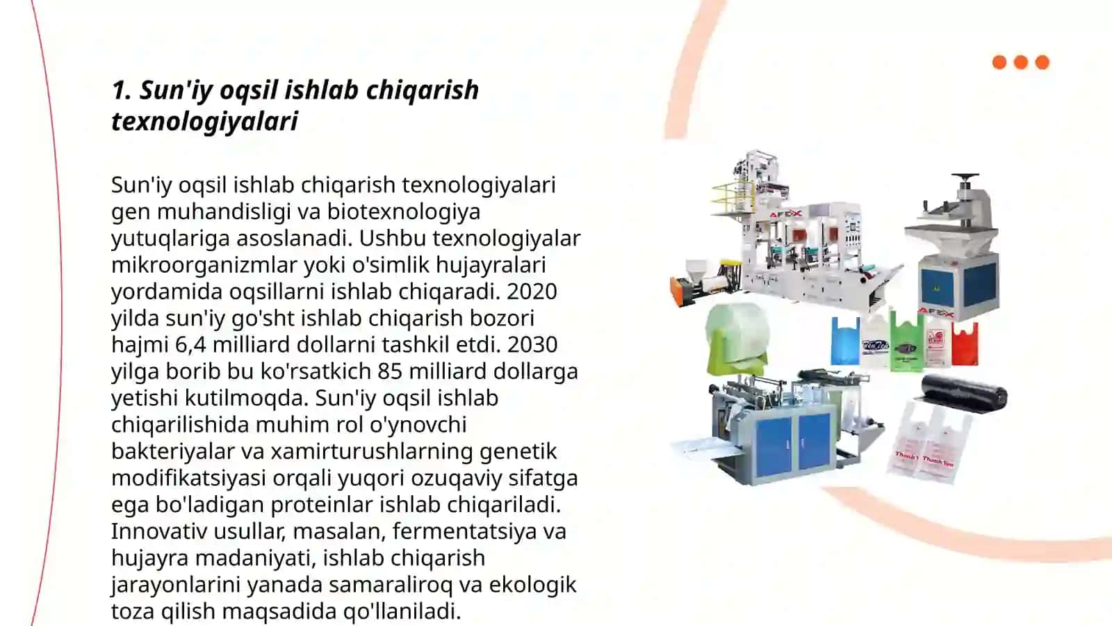 Sunʼiy oqsil oziq moddalarni ishlab chiqarilishi va kelgusidagi imkoniyatlari 3
