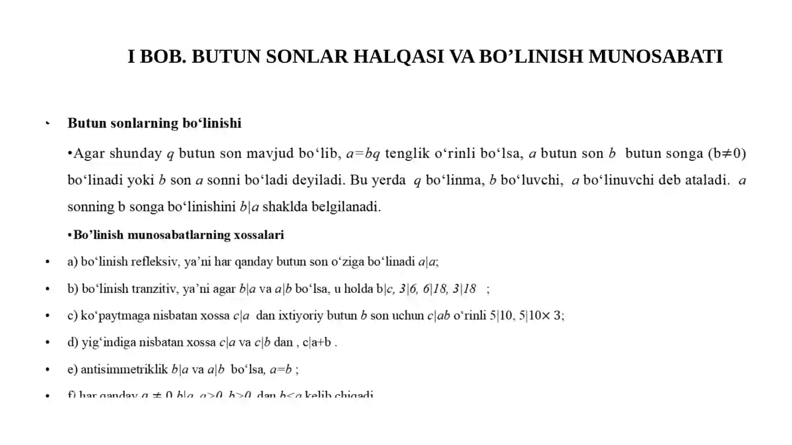 MATEMATIKA TA’LIM YO’NALISHI M_24_02 GURUH TALABASI TO’XTAMURODOVA MARJONANING “ALGEBRA” FANIDAN “BUTUN SONLAR HALQASIDA BO’LINISH MUNOSABATI” MAVZUSIDA KURS ISHIDAN TAQDIMOTI 3