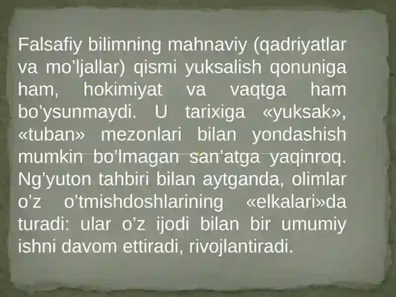 Falsafiy bilimning mahnaviy qadriyatlar va mo’ljallar qismi 3