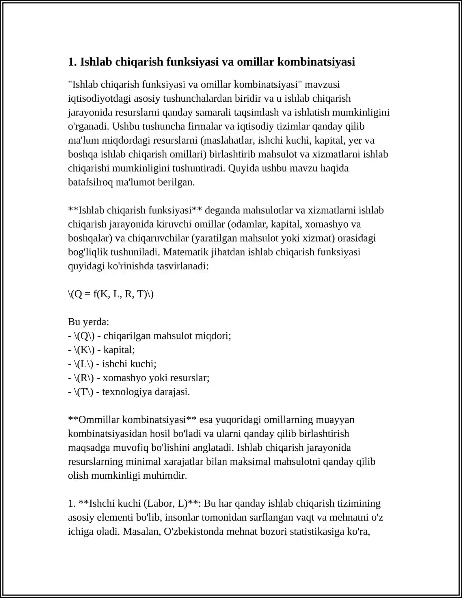Ishlab chiqarish funksiyasi va omillar kombinatsiyasi 3
