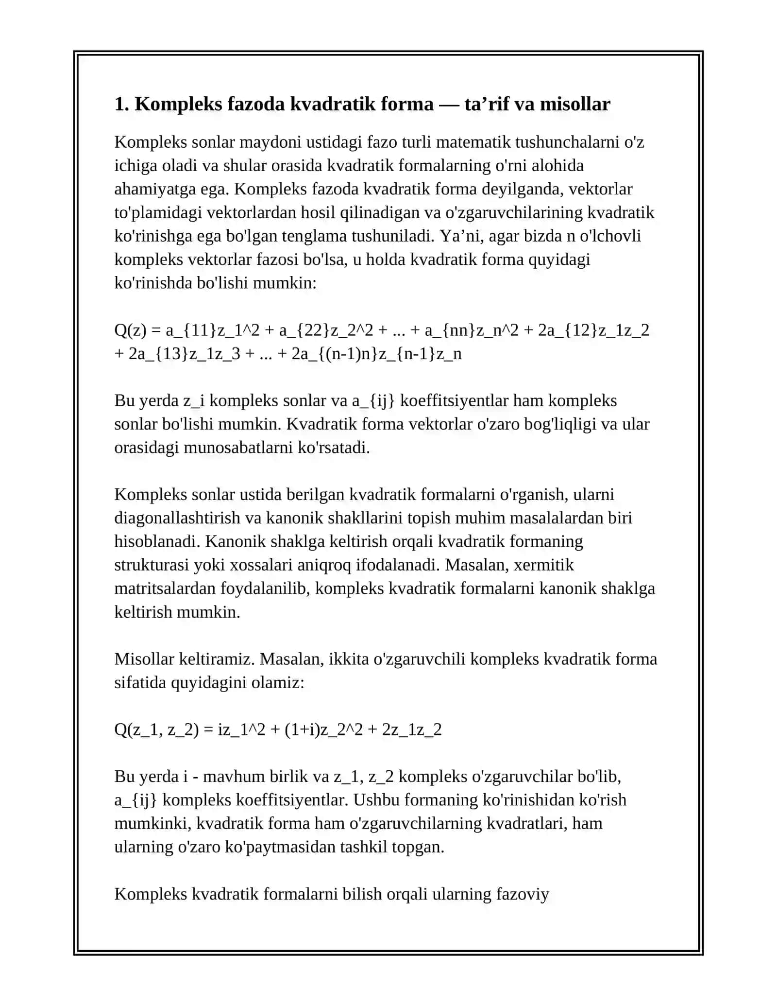 KOMPLEKS SONLAR MAYDONI USTIDA BERILGAN FAZODAGI KVADRATIK FORMALAR VA ULARNING KANONIK SHAKLLARI 3