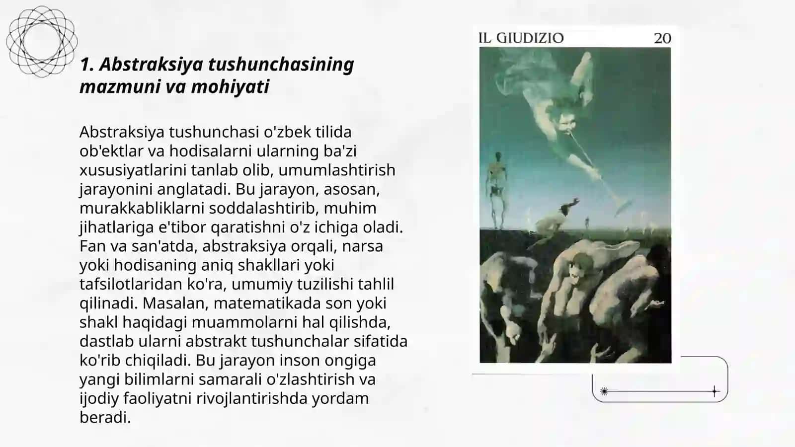 Abstraksiya tushunchasi, Xulosa va hukm, Aktiv va passiv xayol, xayol turlari. Bahronova Asaloy 3