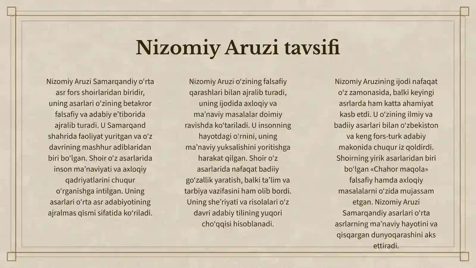 "CHAHOR MAQOLA" (NIZOMIY ARUZI SAMARQANDIY) ASARI TAHLILI 3