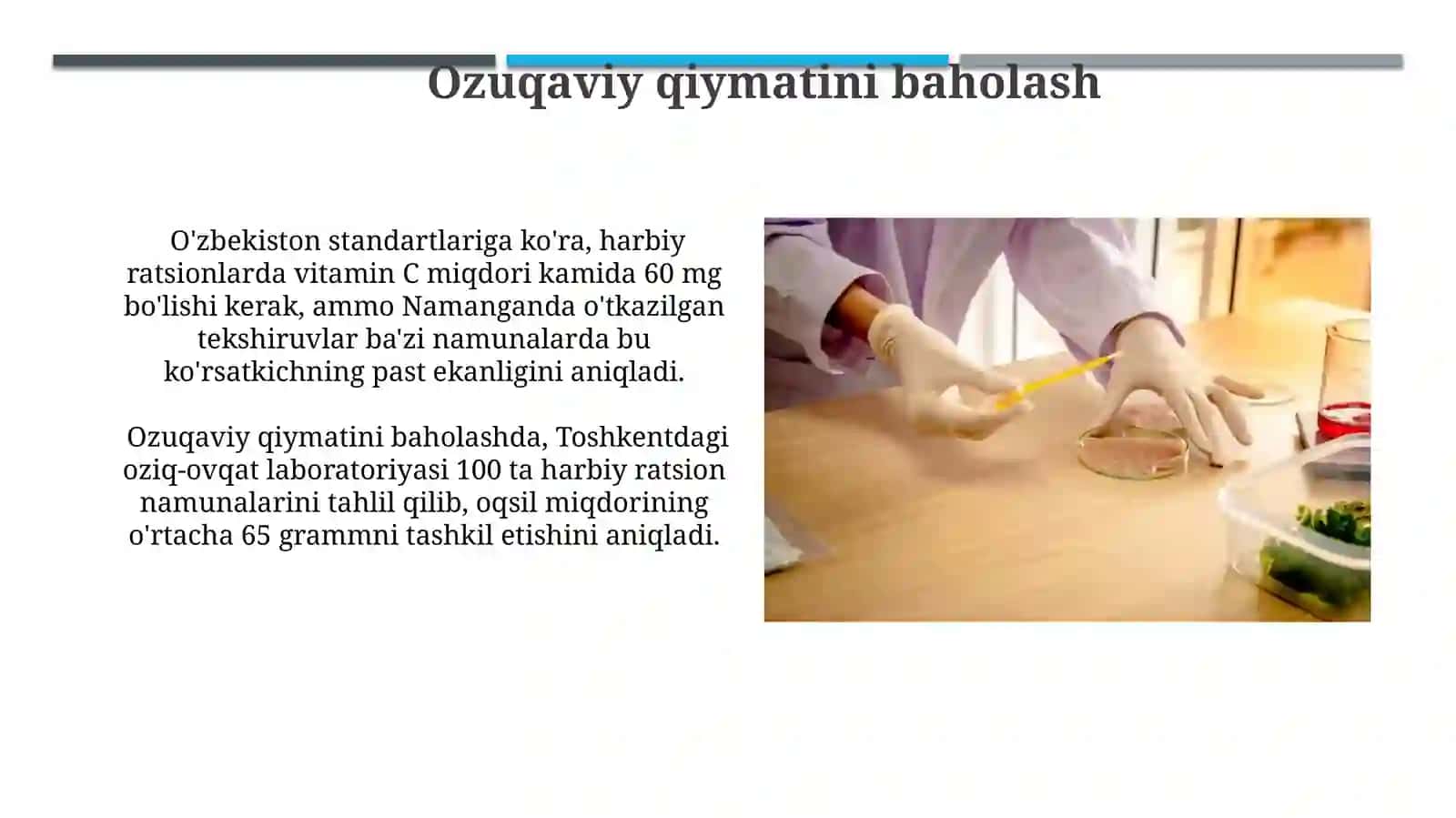 Askarlarning ovqat payoklaridagi mahsulotlari laboratoriyadan o'tkazishbayonnomasinituzish 3