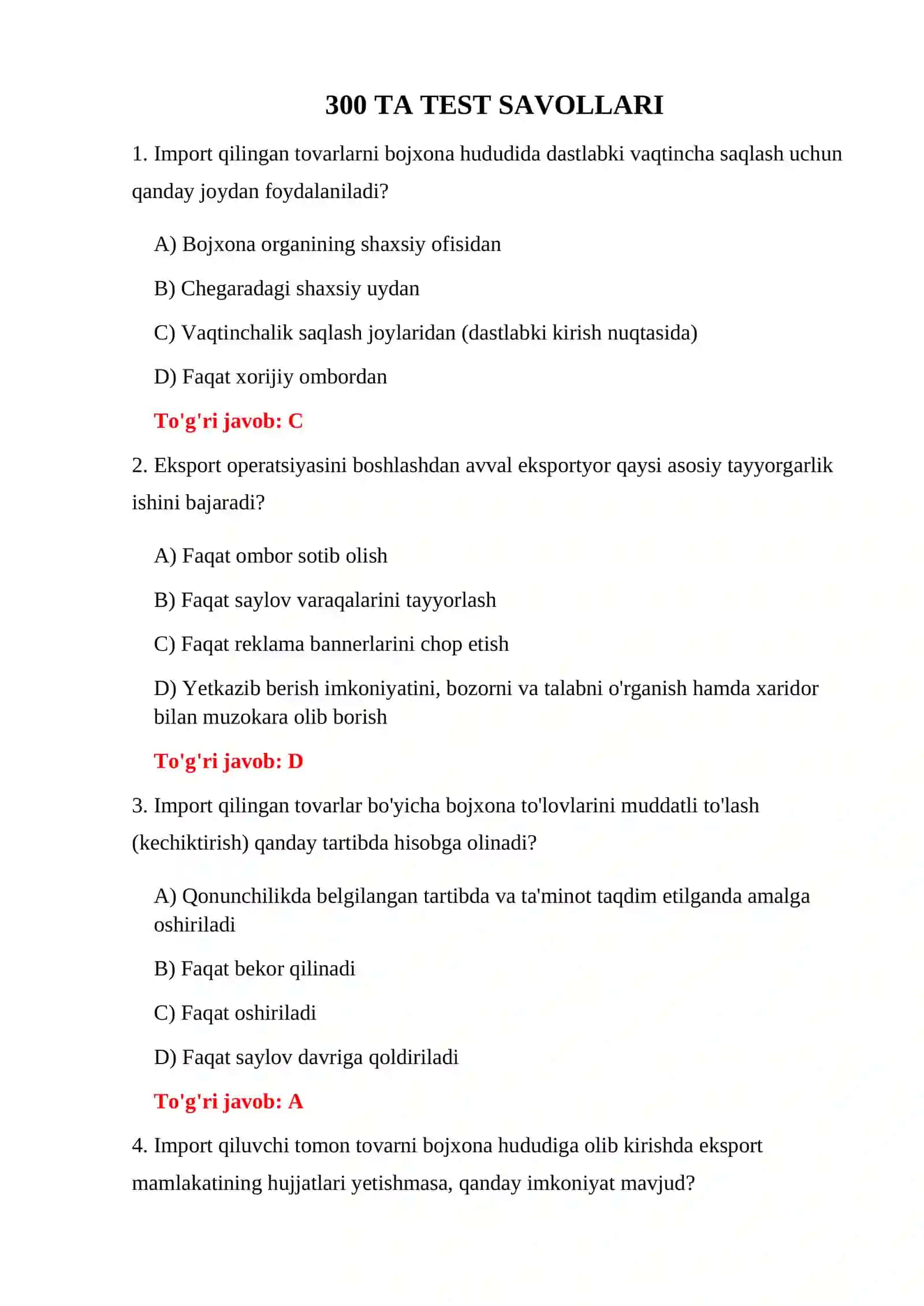 TIF FAOLIYATI BO'YICHA 300 TA TEST 3