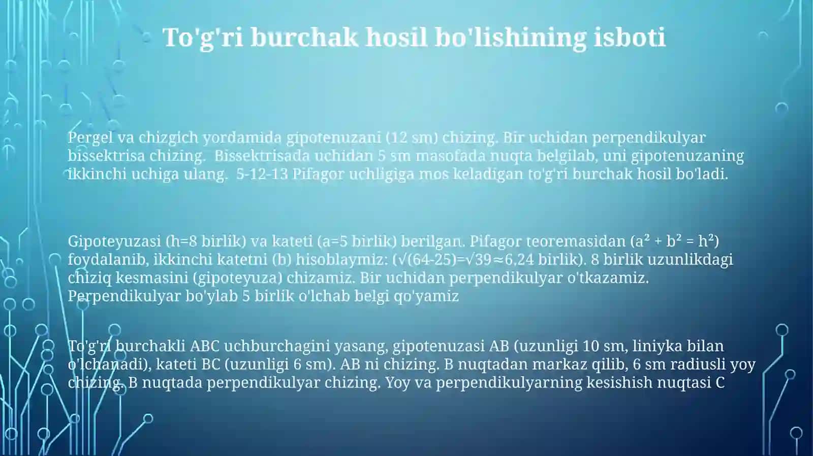Gipotenuzasi va kateti boyicha tuĝri burchakli uchburchak yasash 3