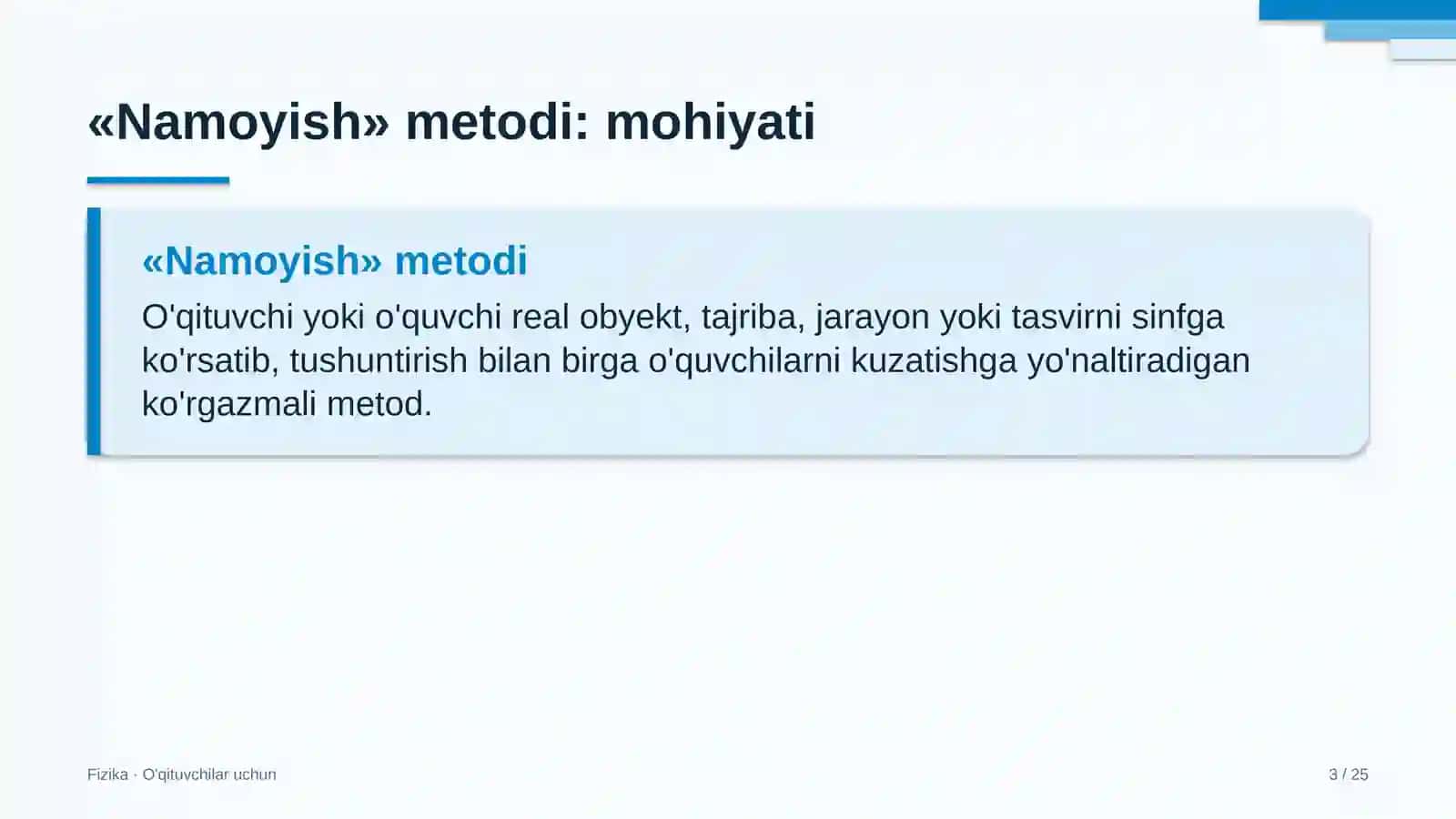 fizika darslarida namoyish metodidan foydalanish 8160 3