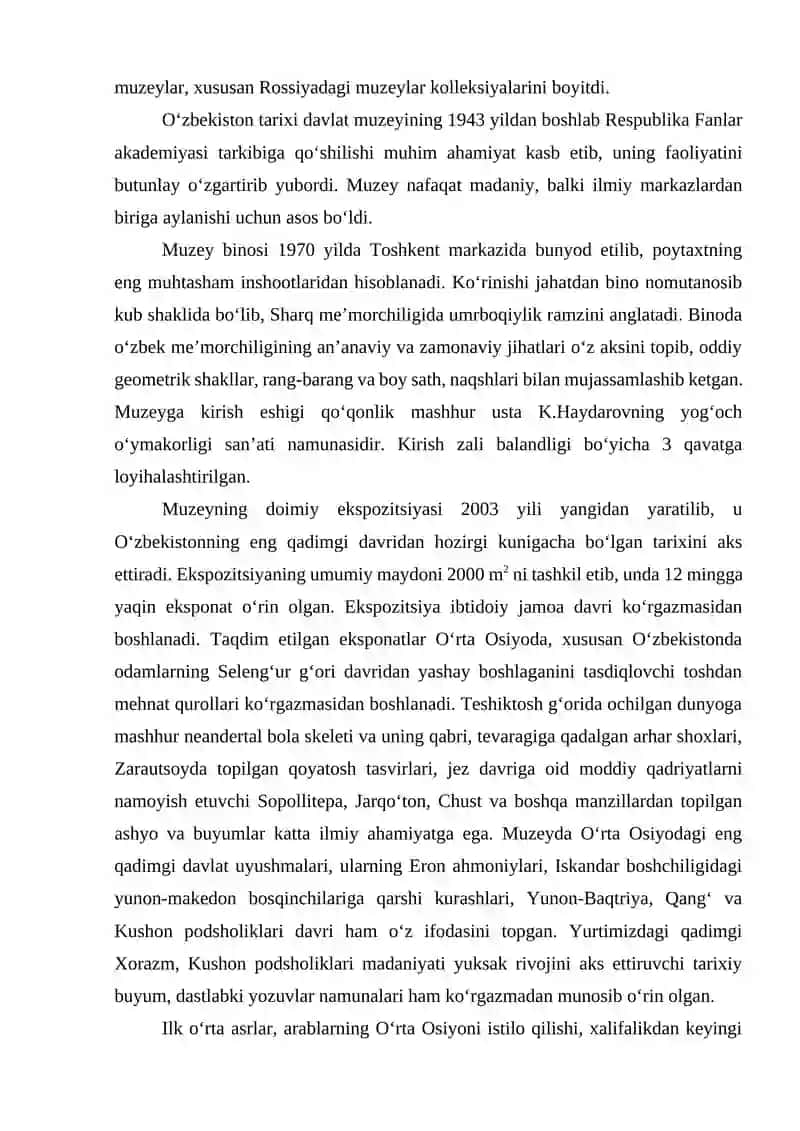 O‘zbekiston tarixi davlat muzeyining takomillashuvi va yangi ilmiy konsepsiyasi xususiyatlari 3