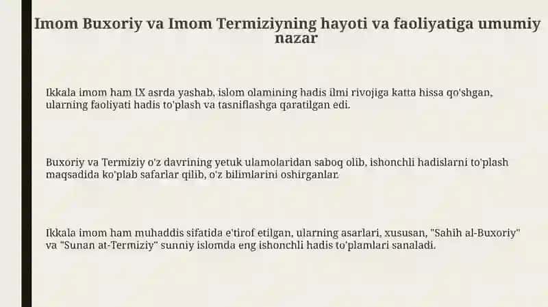 Imom Buxoriy va Imom Termiziyning hadis ilmiga qo'shgan hissalari 3