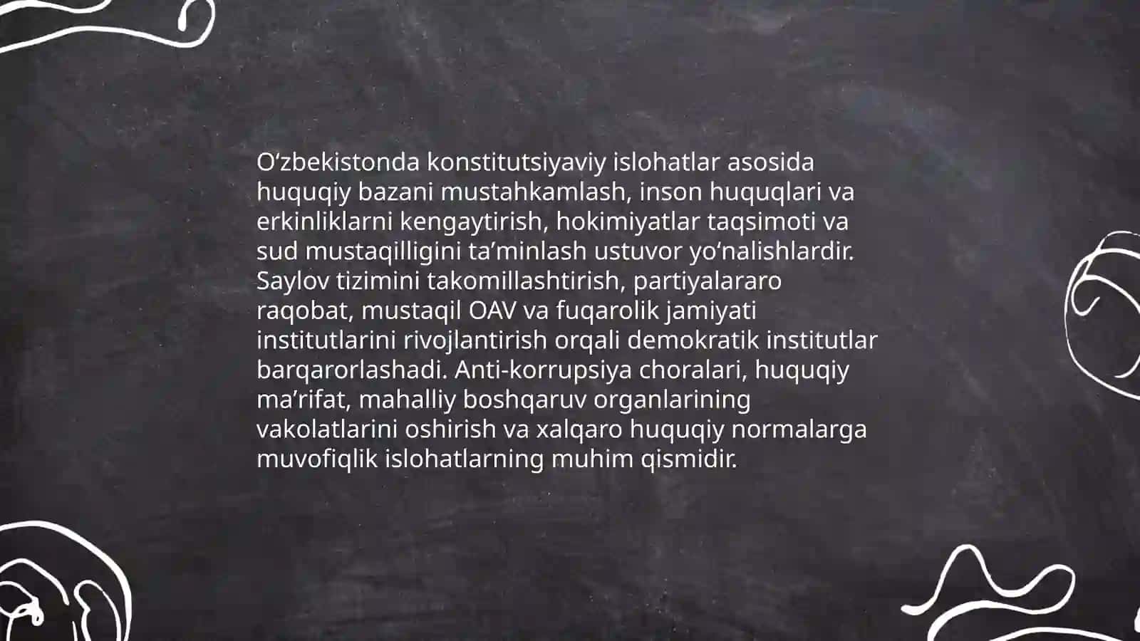 Oʻzbekistonda huquqiy siyosiy islohatlarning amalga oshirilishi demokratik jamiyatni shakillantirish yolidagi islohatlar 3