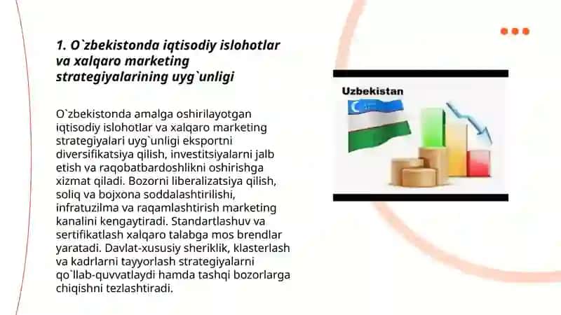 O`zbеkistоndа iqtisоdiyotni rivоjlаntirish, iqtisоdiy islоhоtlаrni chuqurlаshtirish vа mоdеrnizаtsiyalаsh shаrоitidа хаlqаrо mаrkеtingni rivоjlаntirishning o`zigа хоs хususiyatlаri 3