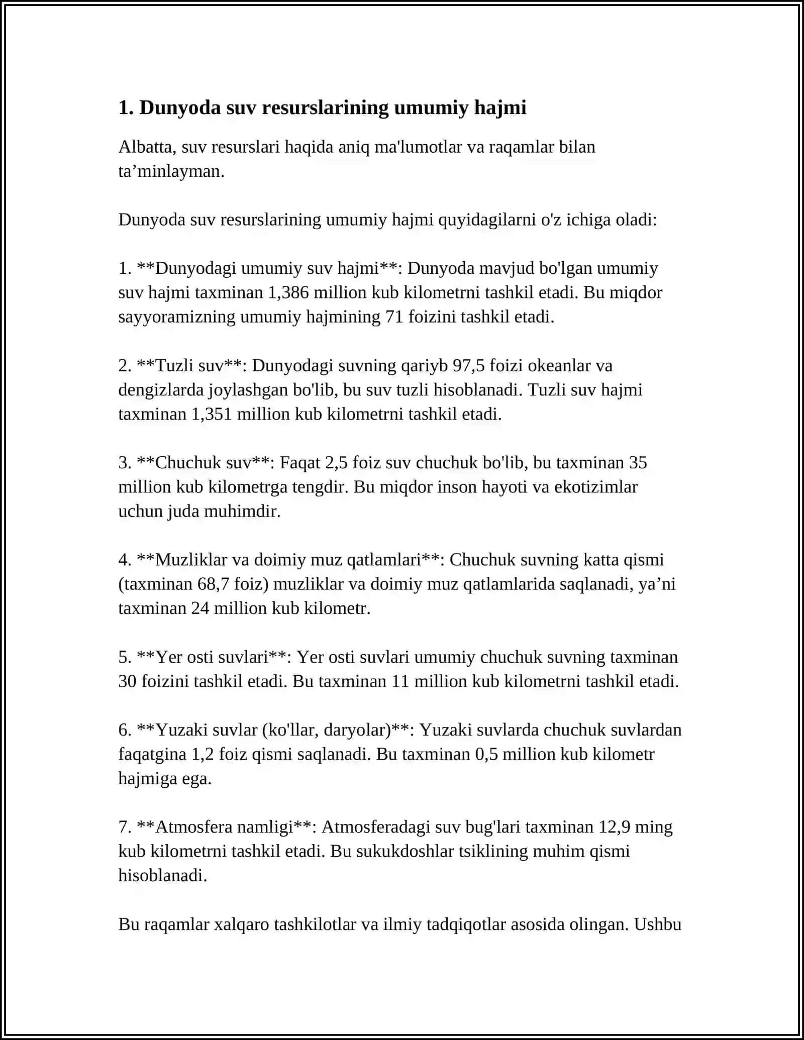 DUNYODA VA OʻZBELISTON RESPUBLIKASIDA SUVNI ISHLATISH XAJMI 3