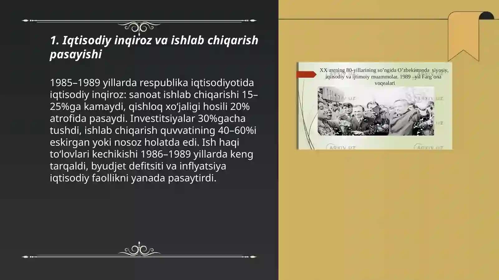 XX asr 80-yillari o'rtalarida respublika ijtimoiy-siyosiy,iqtisodiy va ma'naviy hayotidagi inqirozli holat 3