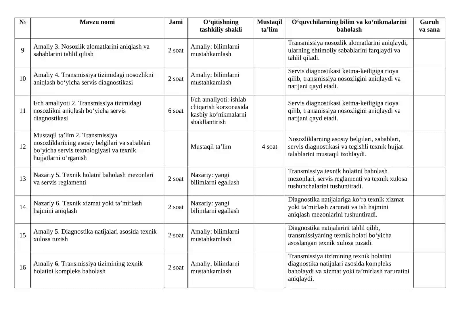 "KM2. Elektr transport vositalarining transmissiya tizimlariga texnik xizmat ko‘rsatish hamda ta’mirlash” modulidan taqvim reja 3