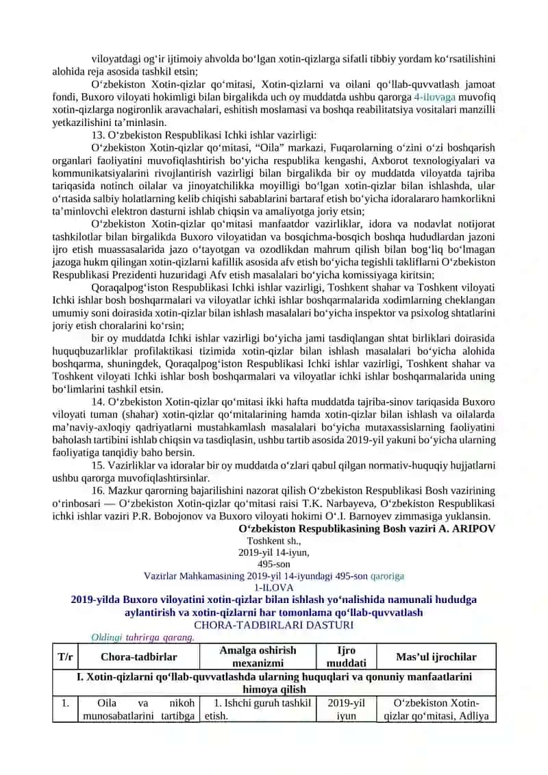 BUXORO VILOYATINI XOTIN-QIZLAR BILAN ISHLASH YO‘NALISHIDA NAMUNALI HUDUDGA AYLANTIRISH CHORA-TADBIRLARI DASTURINI TASDIQLASH TO‘G‘RISIDA 3