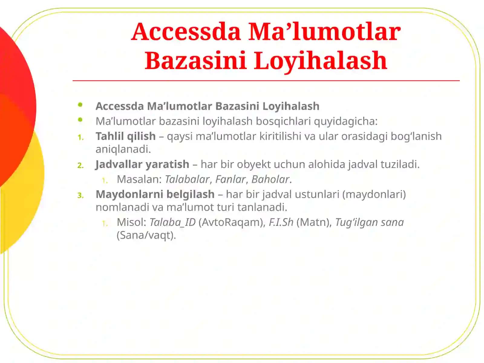 Microsoft Access'da Ma'lumotlar Bazasini Loyihalash 3
