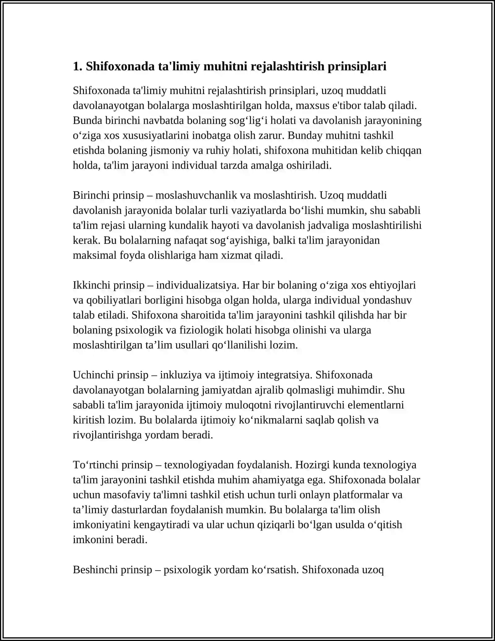 SHIFOXONADA UZOQ MUDDATLI DAVOLANAYOTGAN BOLALAR UCHUN TA’LIMIY MUHITNI YARATISHNING O‘ZIGA XOS XUSUSIYATLARI 3