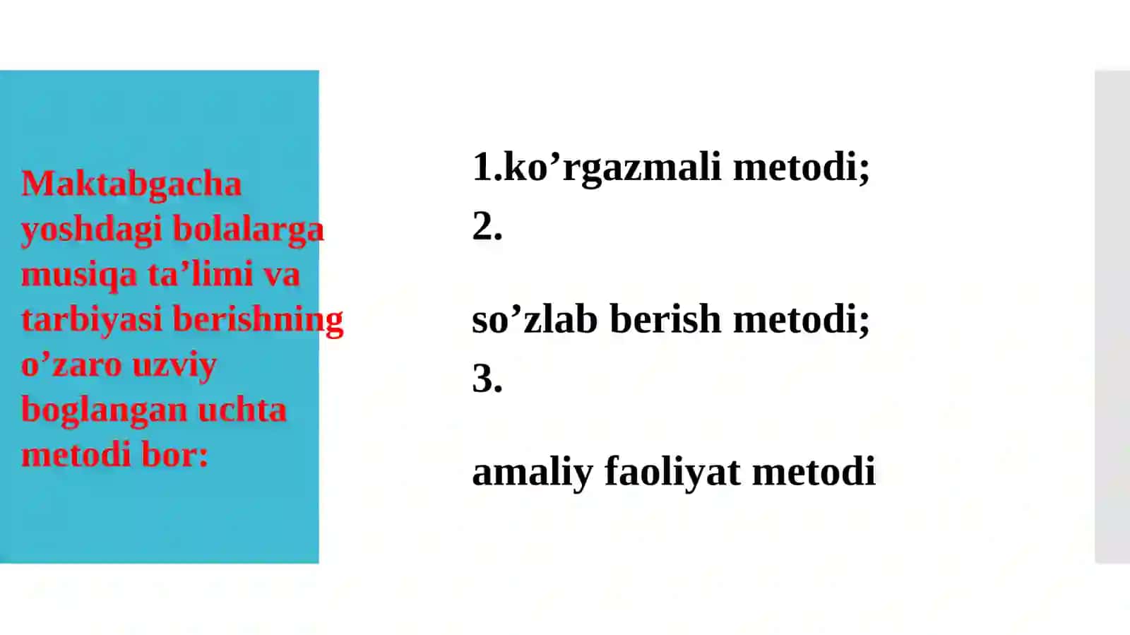 Maktabgacha tarbiya yoshidagi bolalargamusiqaviytarbiya berish metodlari 3