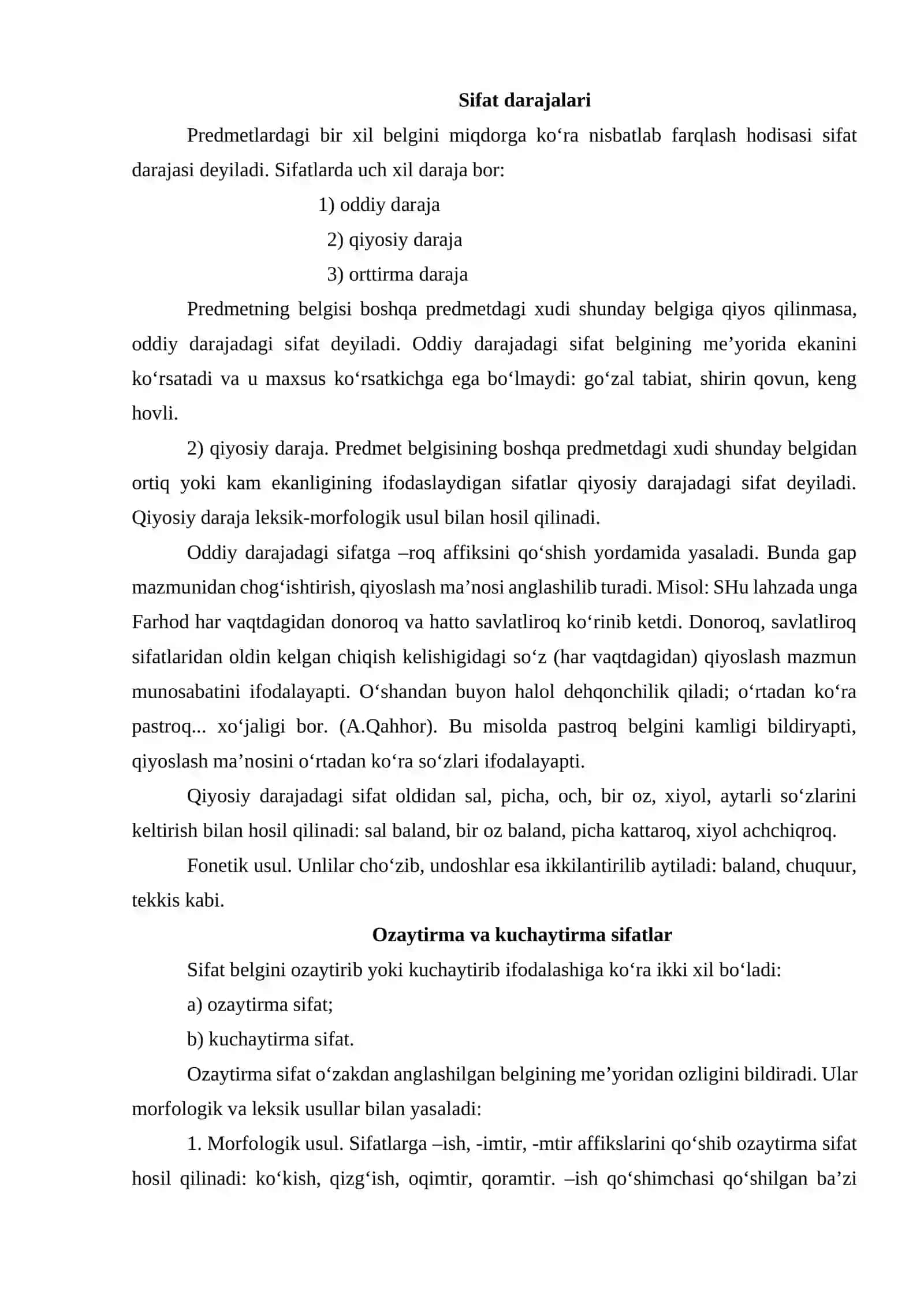 Sifat. Uning o’ziga xos ma’nosi, morfologik xususiyatlari, sintaktik vazifalari. sifatlarning ma’no jihatdan turlari; sifat darajalari; sifatlarning otlashishi. Sifatlarning yasalishi; sifatlarning tuzilish jihatdan turlari 3