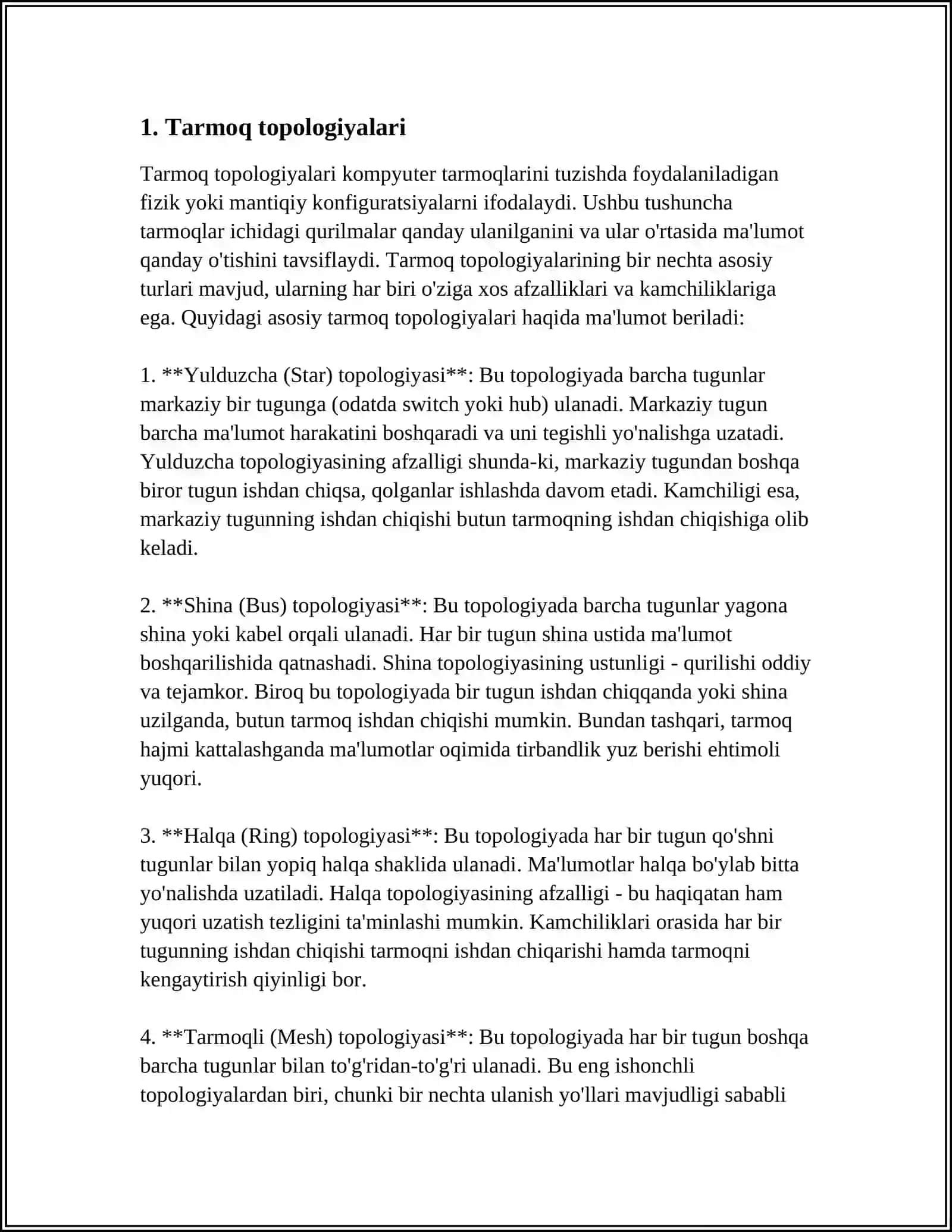 TARMOQ TOPOLOGIYASI.LOKAL TARMOQ ORQALI AXBOROTLAR ALMASHISH 3