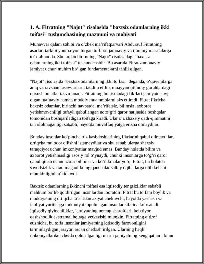 A. FITRATNING RAHBARI "NAJOT" RISOLASIDAGI "BAXTSIZ ODAMLARNING IKKI TOIFASI" GA OID QARASHLARI BO'YICHA ESSE TAYYORLASH 3