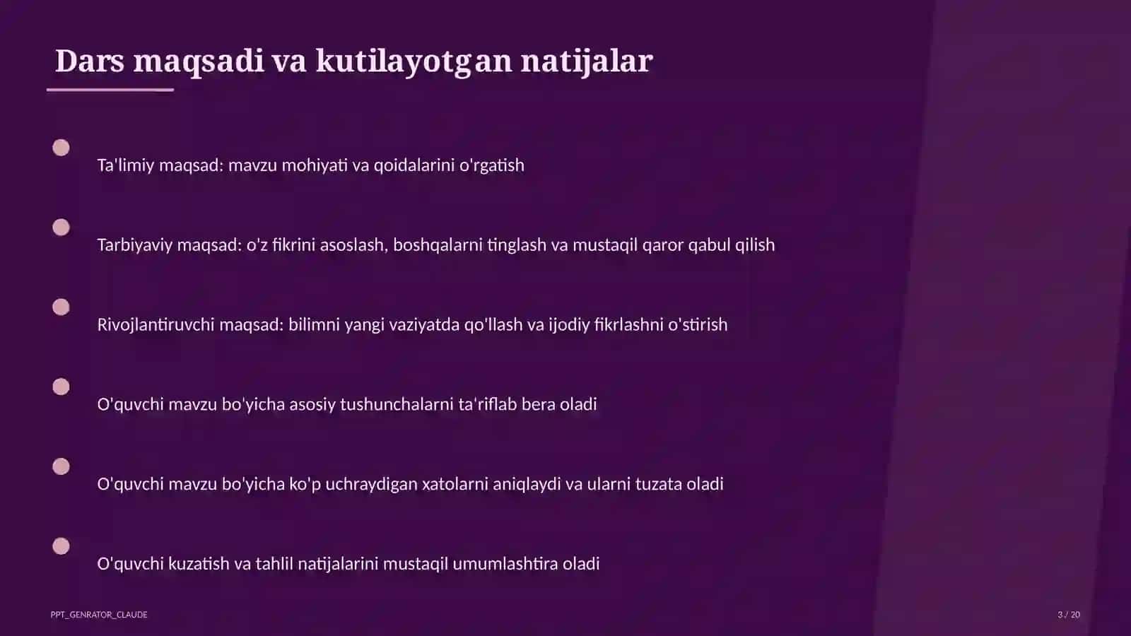 Sinf soati va tarbiyaviy tadbirlar (1– 11) — ochiq dars uchun 3