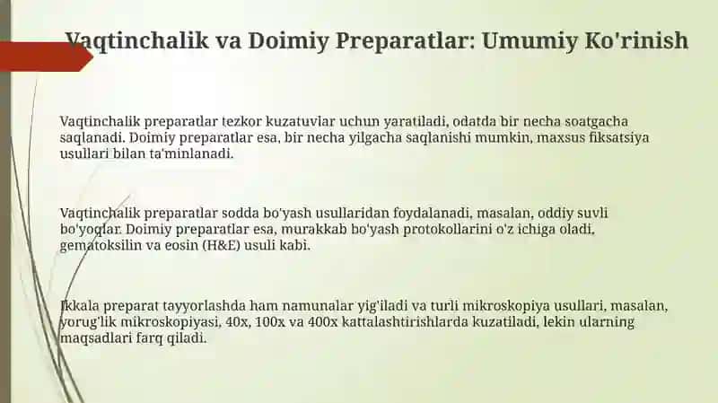 Vaqtinchalik preparar tayyorlash. Doimiy preparat tayyorlash texnikasi 3