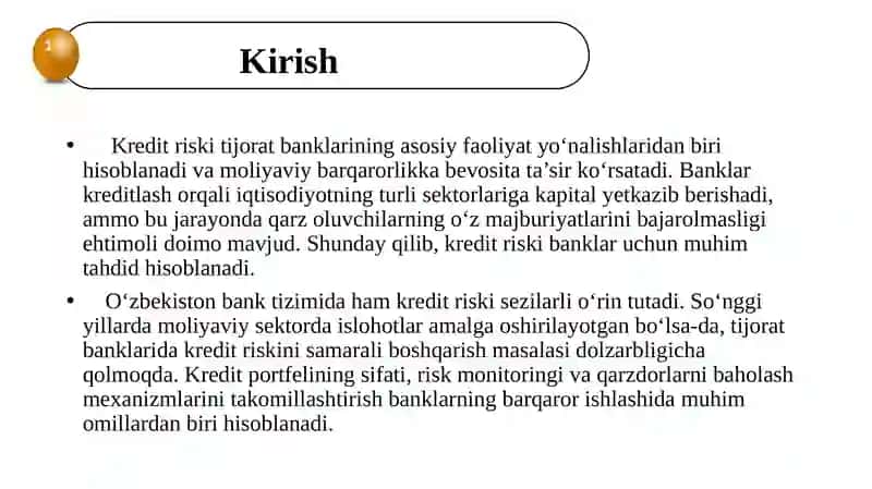 Tijorat banklarida kredit riski mazmuni baholash va ularni boshqarish usullari. 3