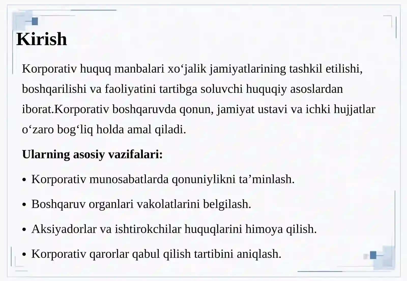 Korporativ huquq manbalari iyerarxiyasi: qonun, ustav va ichki korporativ hujjatlarning o‘zaro nisbati 3