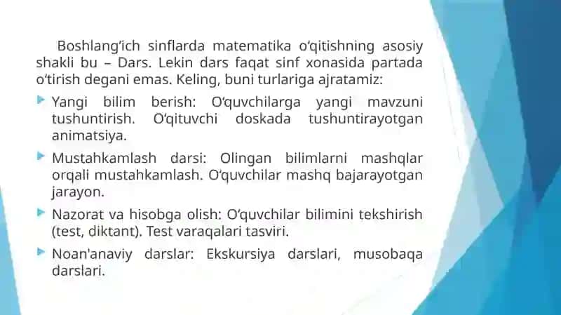 Boshlang'ich sinflarda matematika o'qitishni tashkil etish shakllari, o'qitish metodikasi. Interfaol metodlar. 3