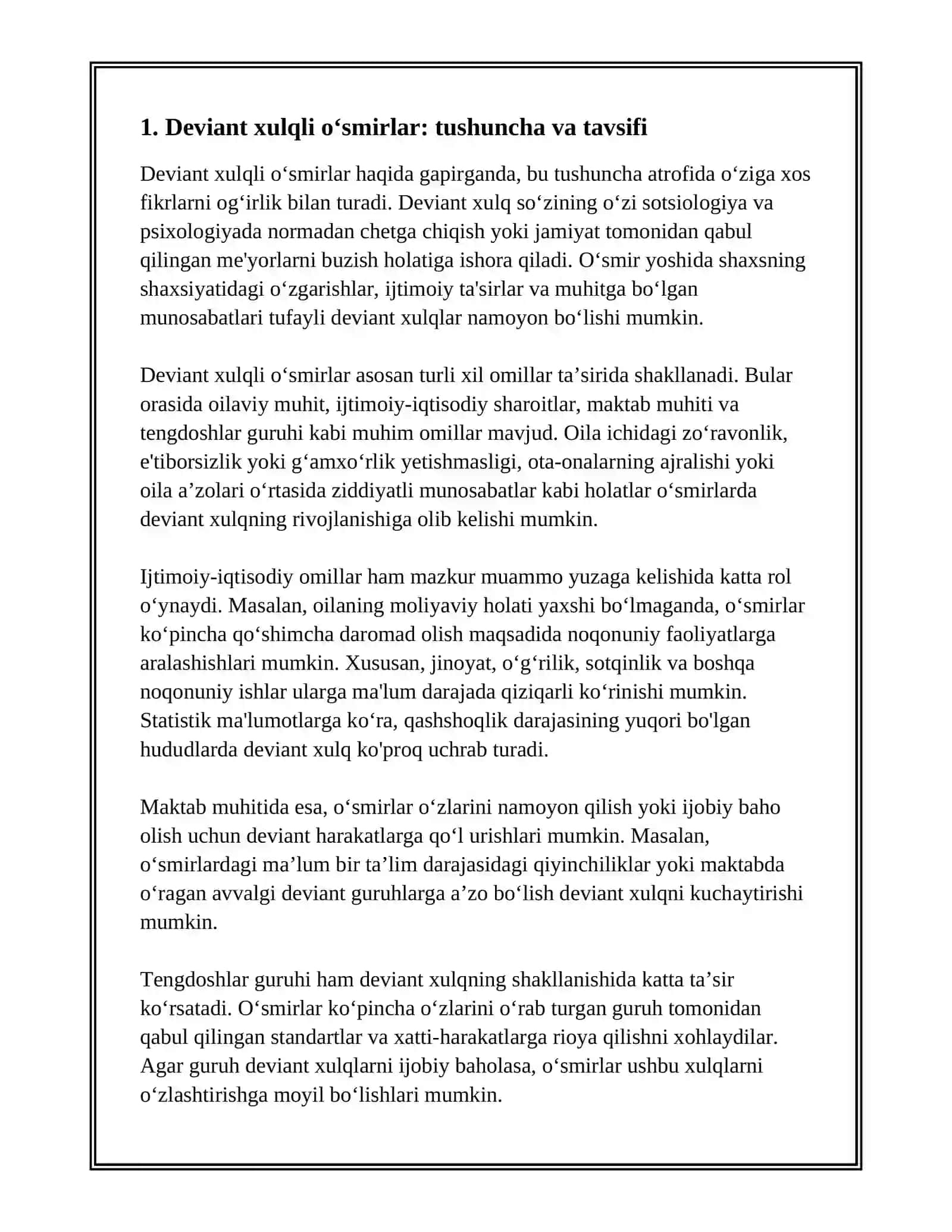 DEVIANT XULQLI O‘SMIRLARNING O‘ZARO MULOQOTIDAGI QARAMA-QARSHILIKLAR VA KELISHMOVCHILIKLAR.TOPSHIRIQ;MAVZUNI KONSPEKT QILISH VA KRASSVORD,MANTIQIY SAVOLLAR TAYYORLASH. 3